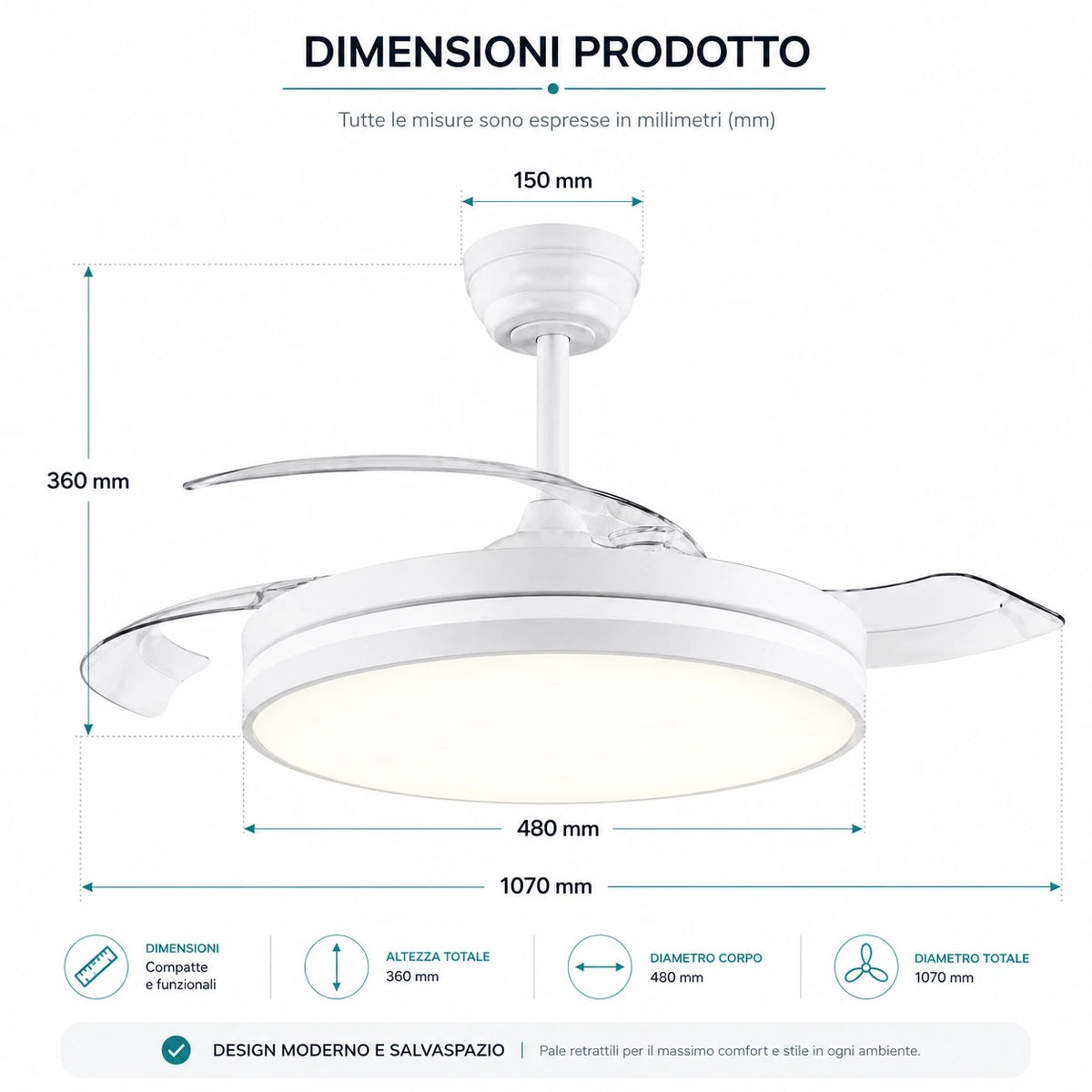 Ventilatore da Soffitto LED 60W con Pale Retrattili