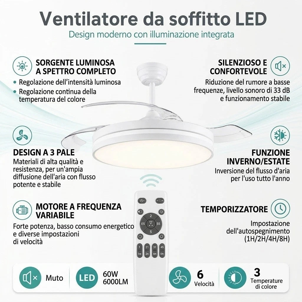 Ventilatore da Soffitto LED 60W con Pale Retrattili