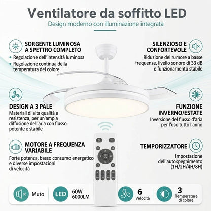 Ventilatore da Soffitto LED 60W con Pale Retrattili