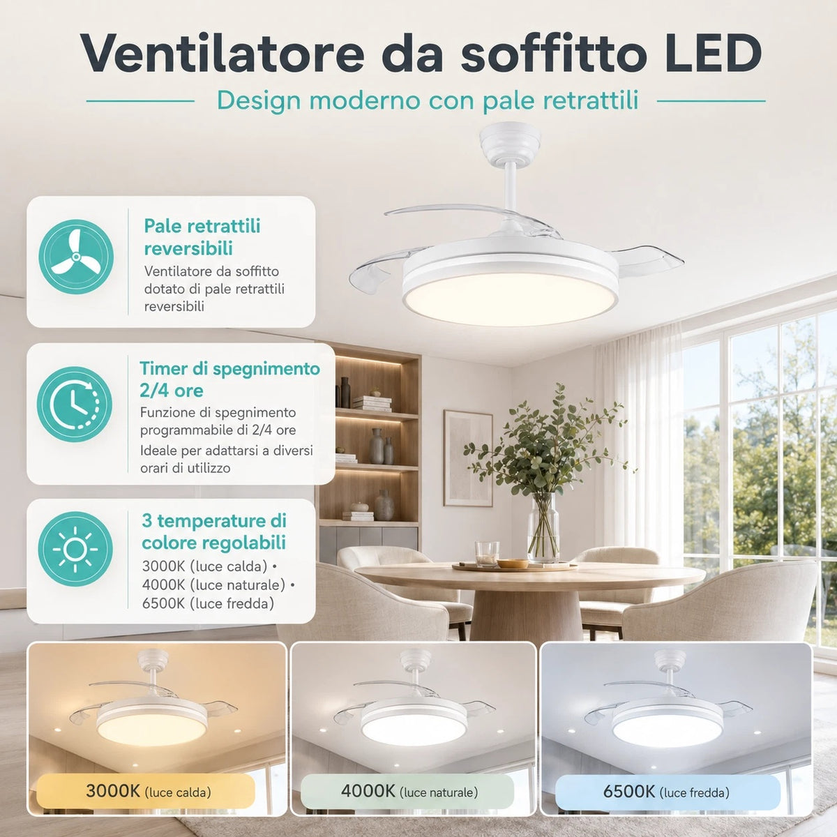 Ventilatore da Soffitto LED 60W con Pale Retrattili