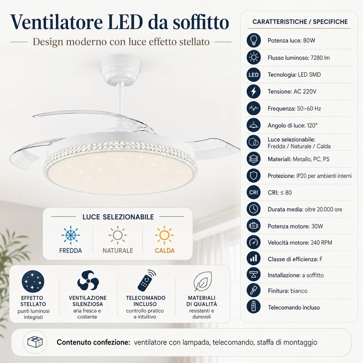 Ventilatore LED da Soffitto 80W con Luce Effetto Stellato