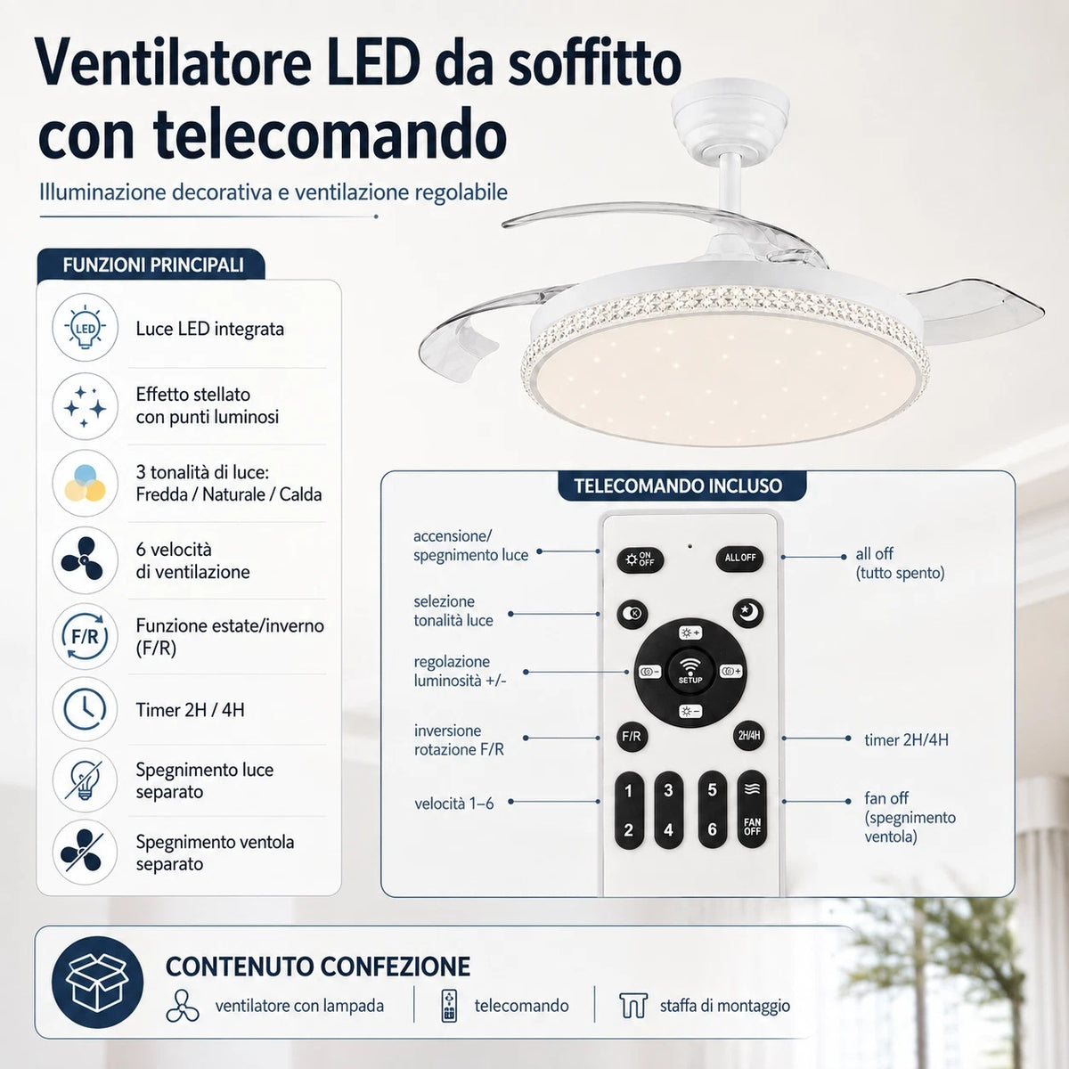 Ventilatore LED da Soffitto 80W con Luce Effetto Stellato