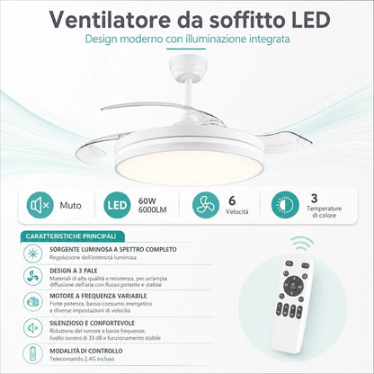 Ventilatore da Soffitto LED 60W con Pale Retrattili