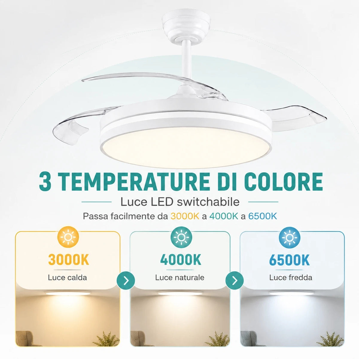 Ventilatore da Soffitto LED 60W con Pale Retrattili