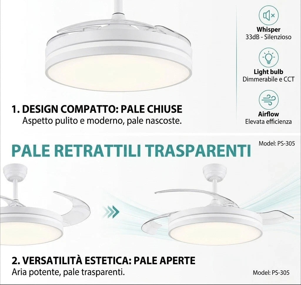 Ventilatore da Soffitto LED 60W con Pale Retrattili