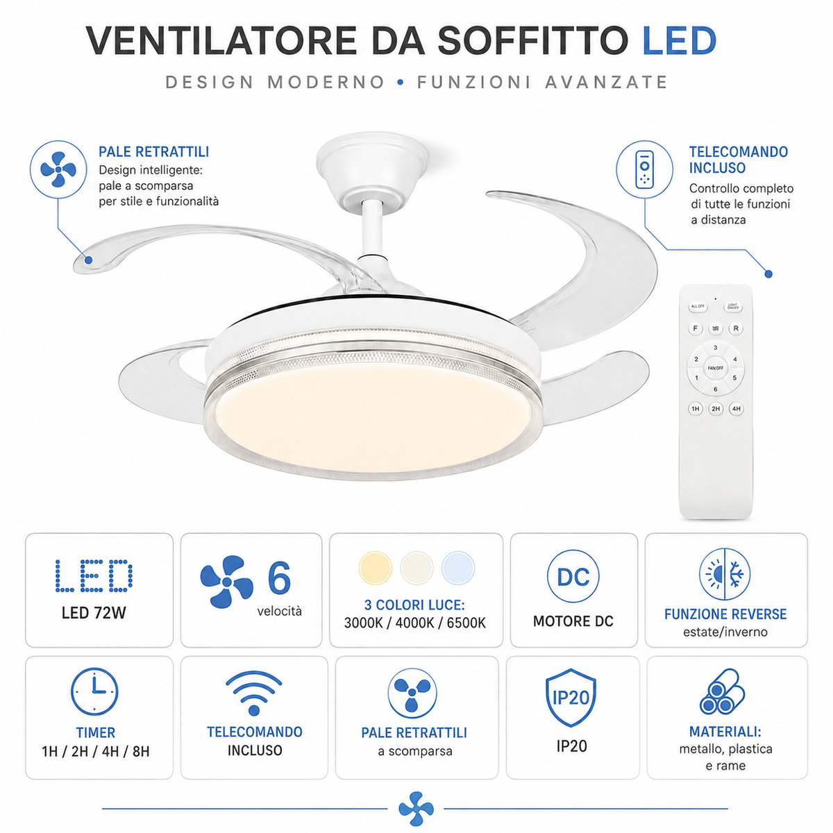 Ventilatore da soffitto 48 pollici con LED e pale retrattili su sfondo bianco
