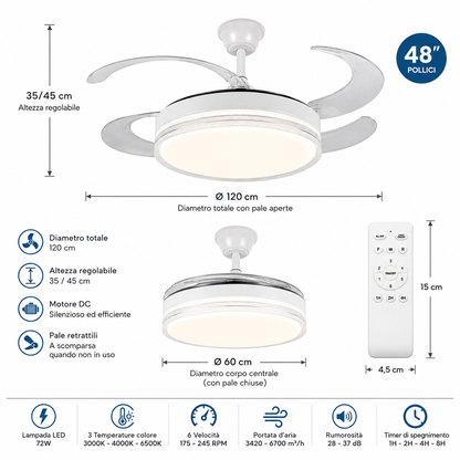 Misure del ventilatore da soffitto 48 pollici con pale retrattili